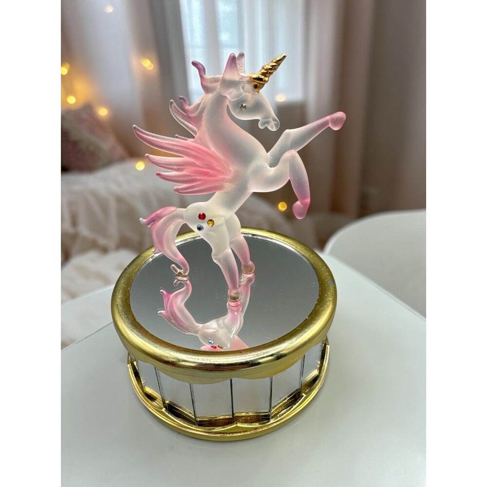 Rotating Unicorn Musical Figurine Glass Mirrored “Impossible Dream” 6.5” Tall